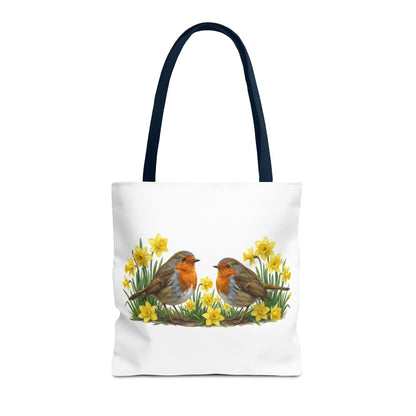 Robuste Einkaufstasche "Frühling": Rotkehlchen in Osterglocken | 40x40cm Shopper