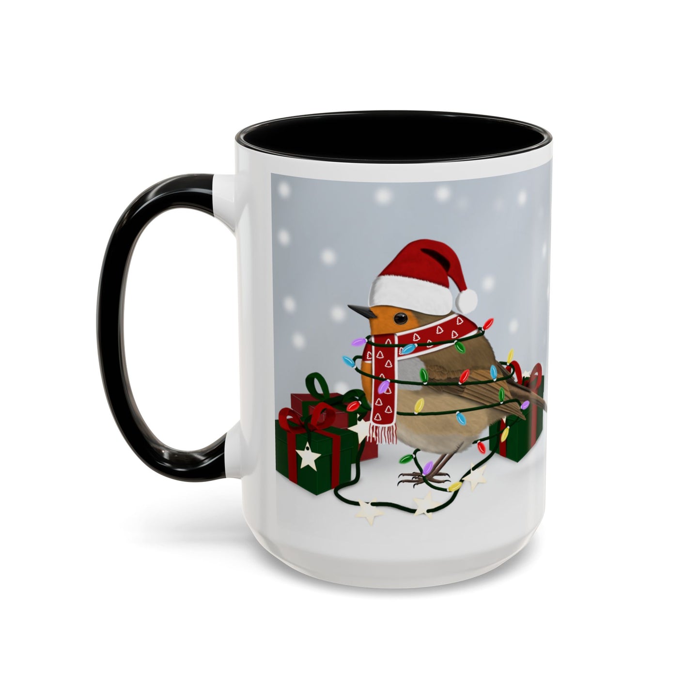 European Robin with Christmas Hat and Scarf Snow Bird Coffee Mug