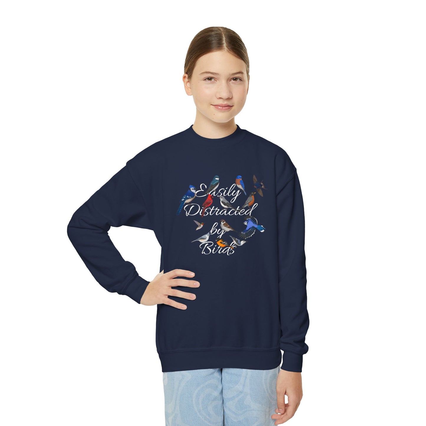 Easily Distracted by Birds Blue Jay Hummingbird Bluebird Cardinal Nuthatch Bird Birdwatching Youth Crewneck Sweatshirt