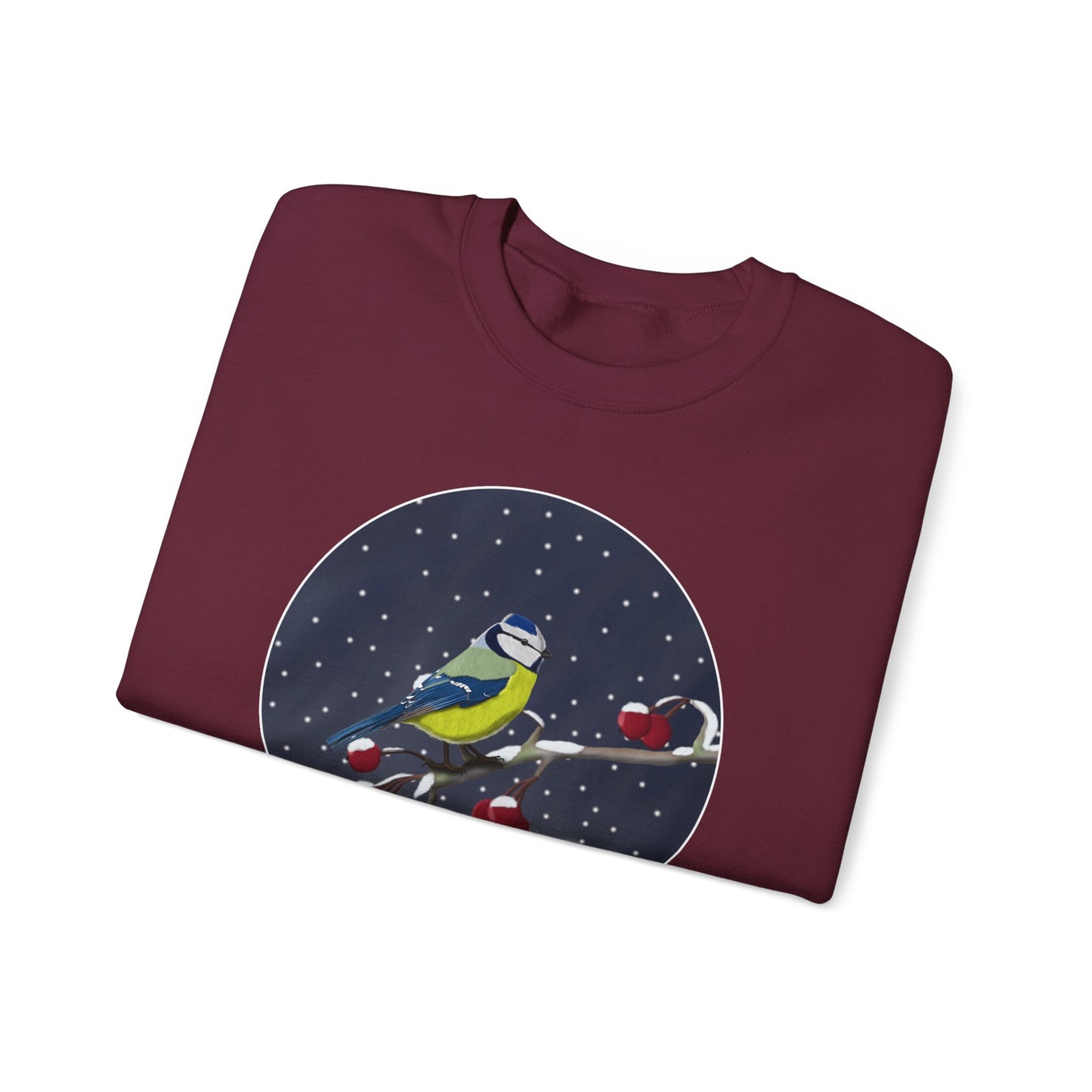 Blue Titmouse on a Winter Branch Birdwatcher Christmas Bird Sweatshirt