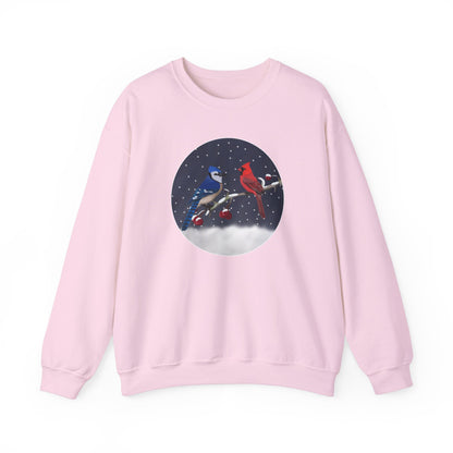 Blue Jay and Cardinal on a Winter Branch Christmas Bird Sweatshirt