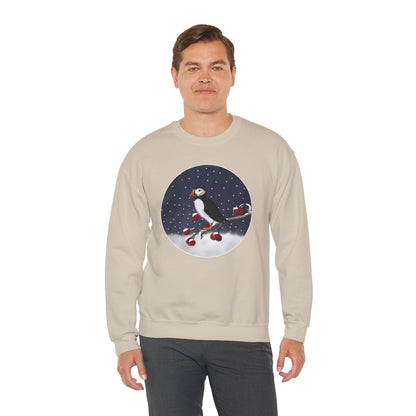 Puffin on a Winter Branch Birdwatcher Christmas Bird Sweatshirt