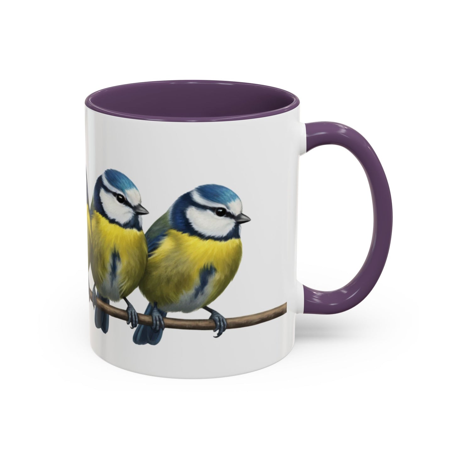 枝に止まるアオガラを描いた陶器製鳥コーヒーマグ - バードウォッチャーへのカスタムギフト