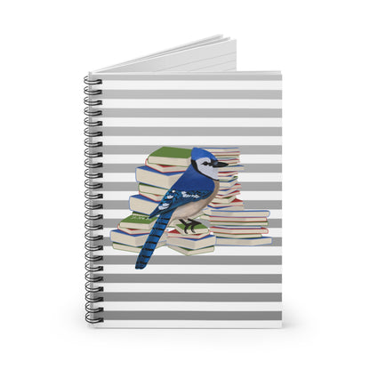 Blue Jay Bird with Books Birdlover Bookworm Spiral Notebook Ruled Line 6" x 8"