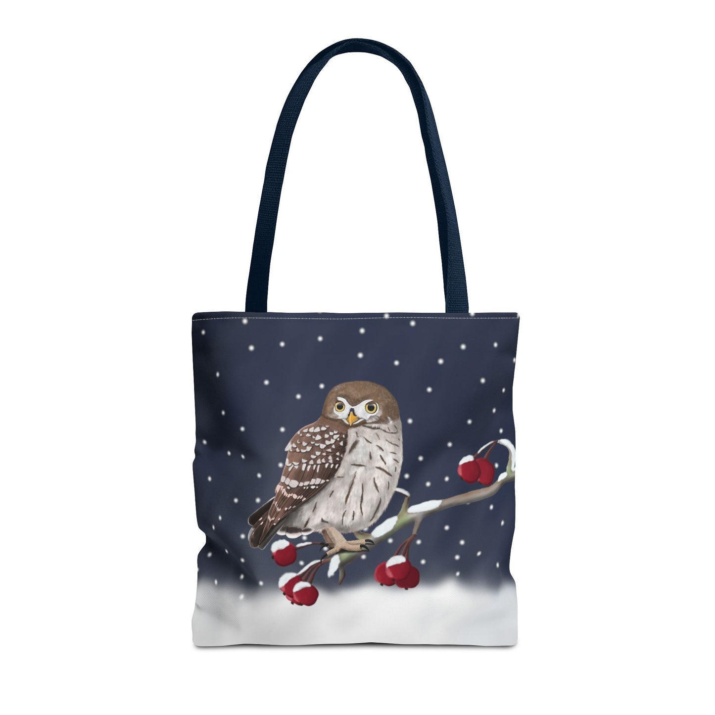 Little Owl on a Winter Branch Christmas Bird Tote Bag 16"x16"