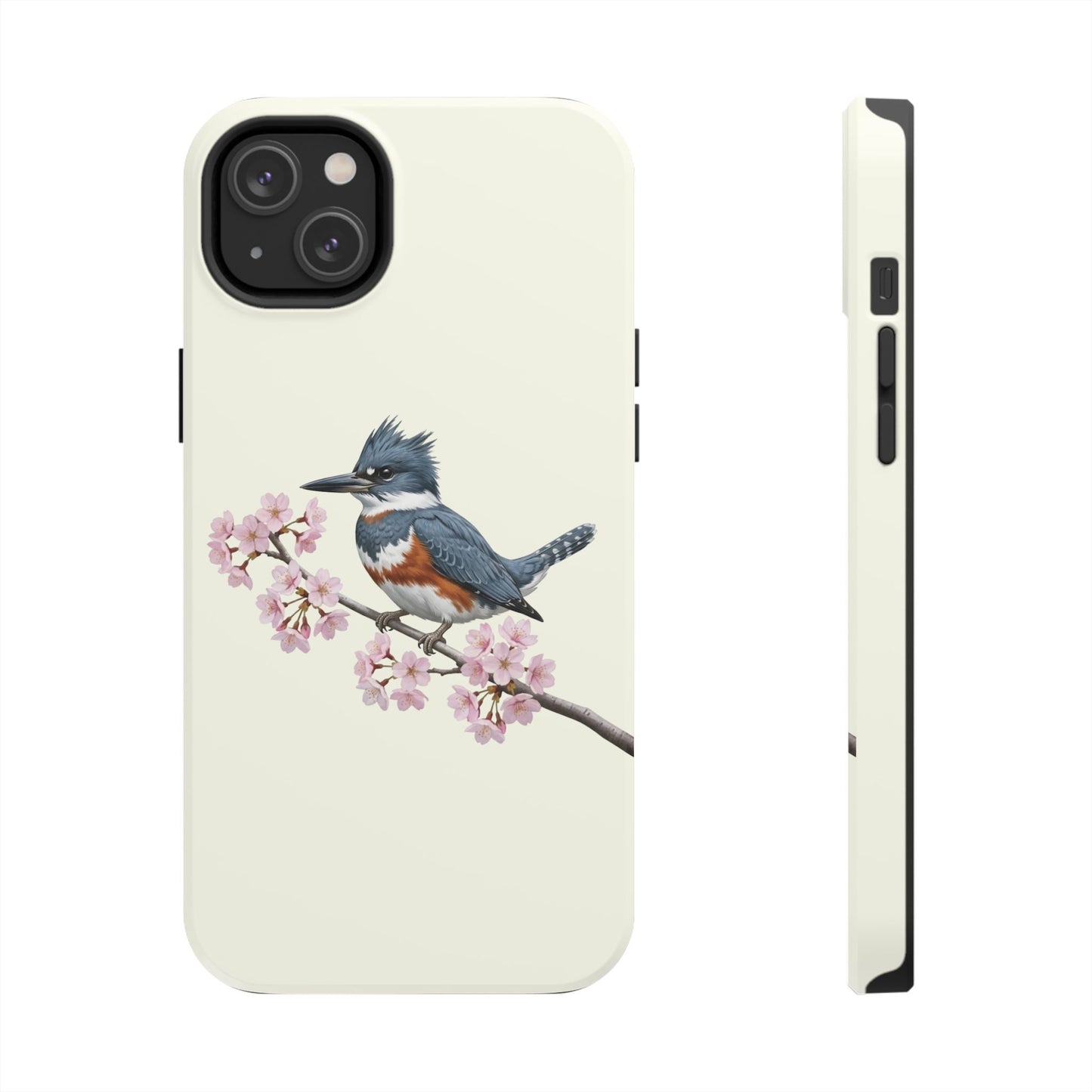Belted Kingfisher & Cherry Blossom Tough iPhone Case Creamy White