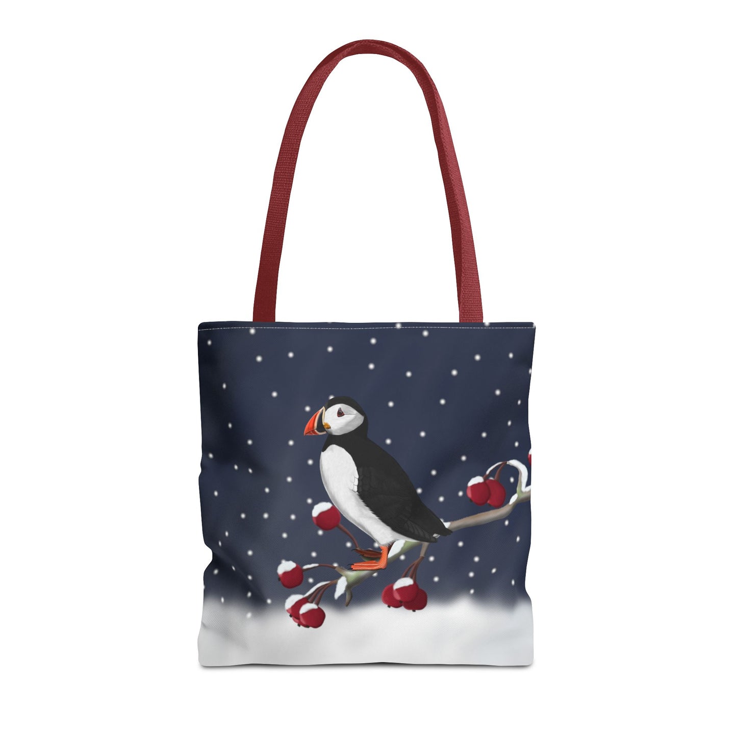 Puffin on a Winter Branch Christmas Bird Tote Bag 16"x16"