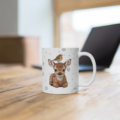 Rehkitz Tasse mit Rotkehlchen Tiermotiv Punkte Grau