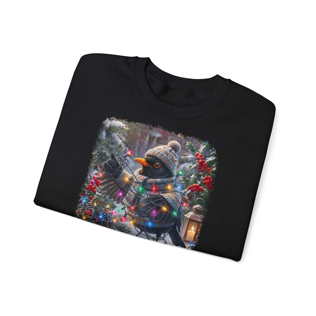 Premium Sweatshirt Amsel und die Lichterkette im winterlichen Garten für Vogelfreunde
