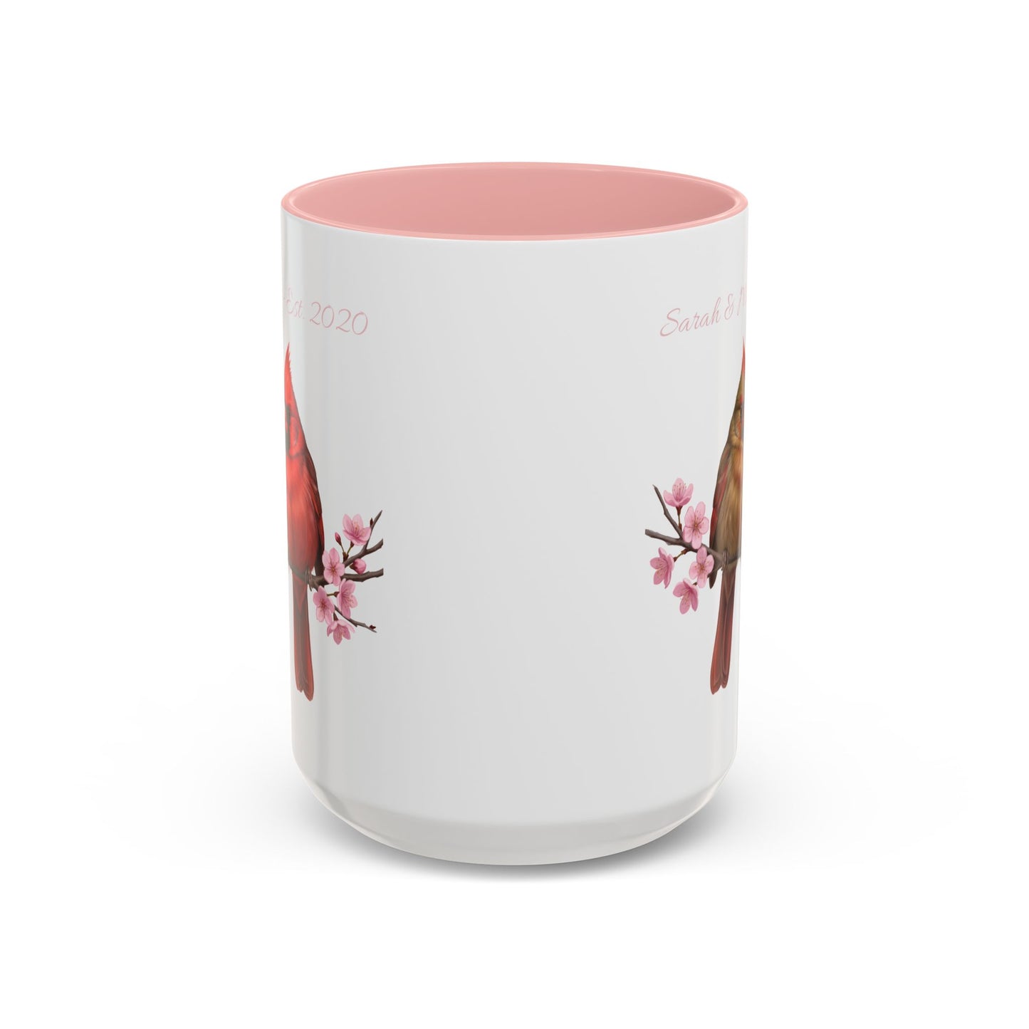 Personalized Cardinal Couple Mug – Cherry Blossom Design with Custom Names (Pink Accent)