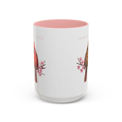 Personalized Cardinal Couple Mug – Cherry Blossom Design with Custom Names (Pink Accent)