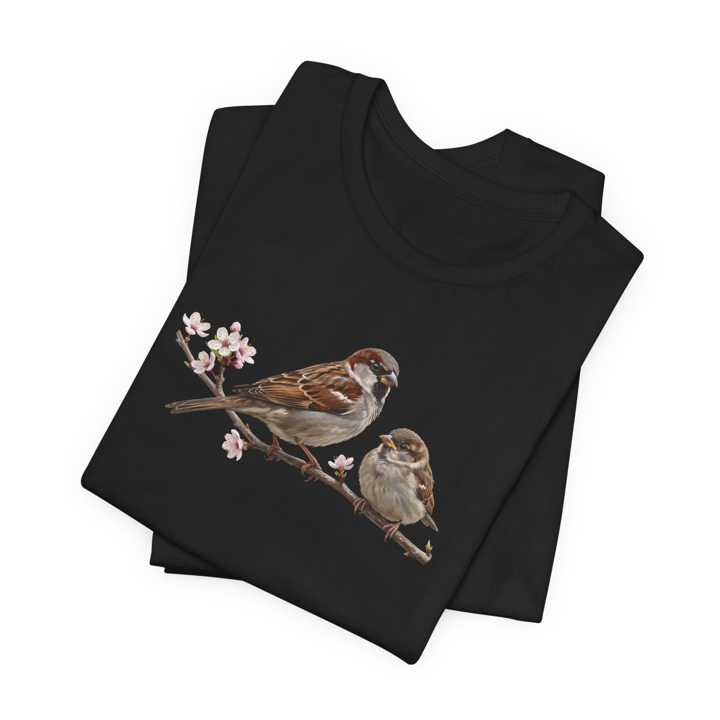 Tree Sparrow & Fledgling T-Shirt | Spring Blossoms Unisex Graphic Tee