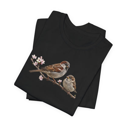 Tree Sparrow & Fledgling T-Shirt | Spring Blossoms Unisex Graphic Tee