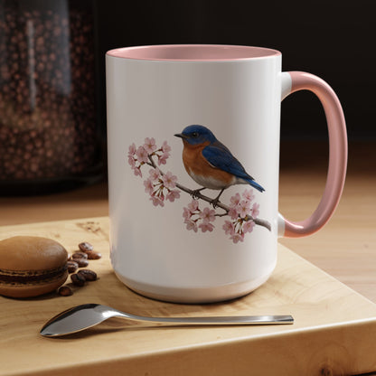 Bluebird Cherry Blossom Mug | Pink Ceramic Coffee Cup for Bird Lovers