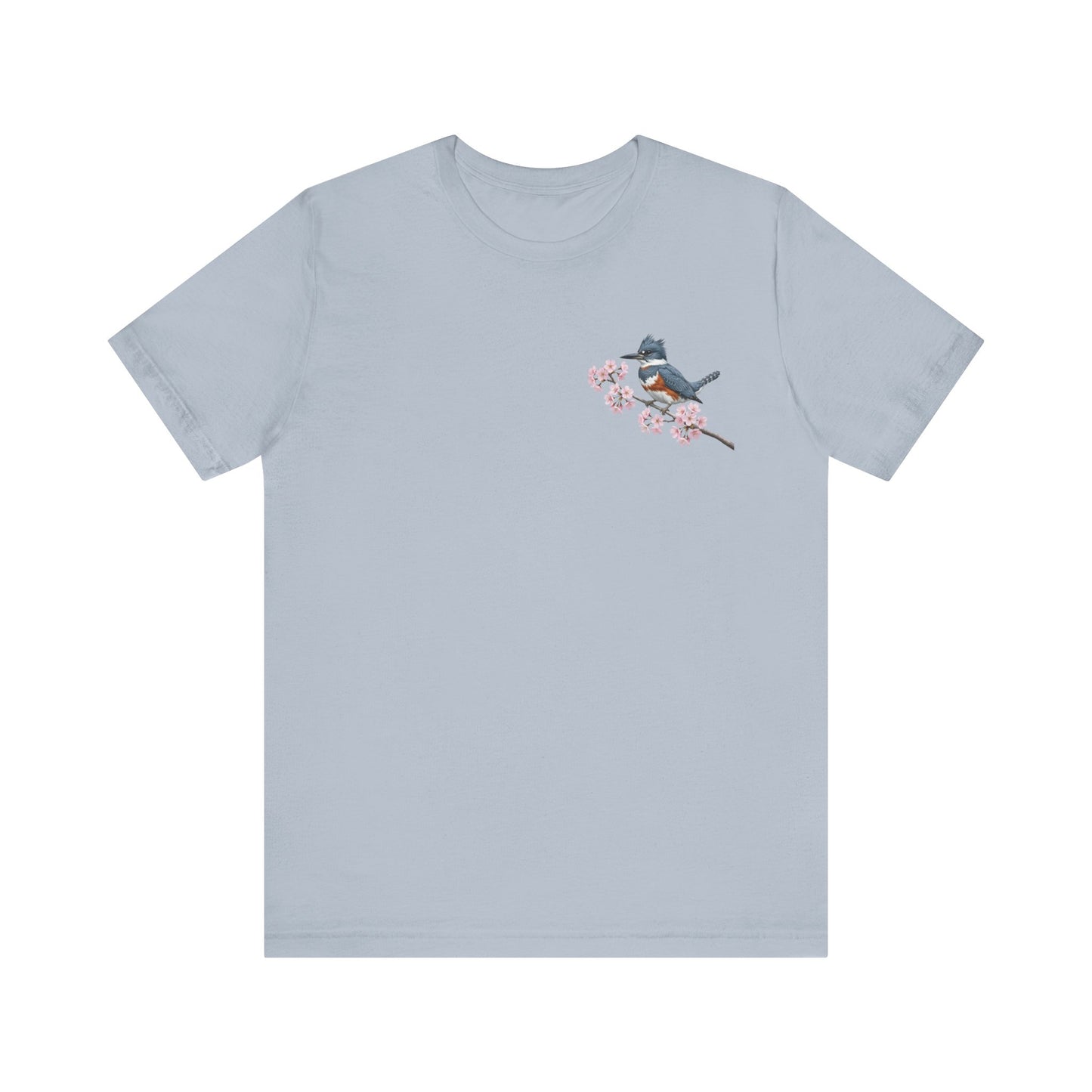 Belted Kingfisher Cherry Blossom T-Shirt | Floral Spring Tee for Bird Lovers