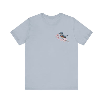 Belted Kingfisher Cherry Blossom T-Shirt | Floral Spring Tee for Bird Lovers