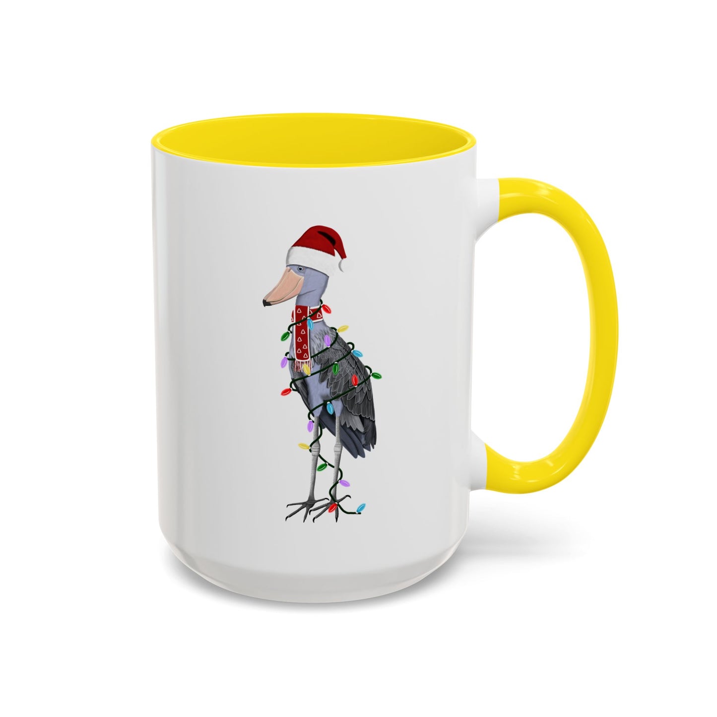 サンタクロースのハシビロコウとフェアリーライトの陶器製バードコーヒーマグ – バードウォッチャーへのカスタムギフト