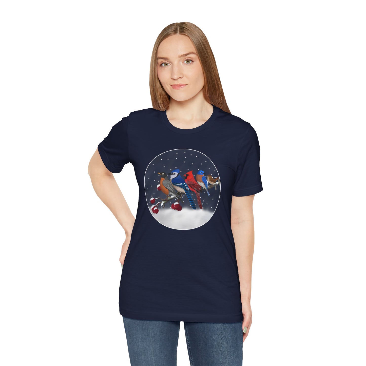 Blue Jay Robin Cardinal Bluebird Wren on a Winter Branch Birdwatcher Christmas Bird T-Shirt