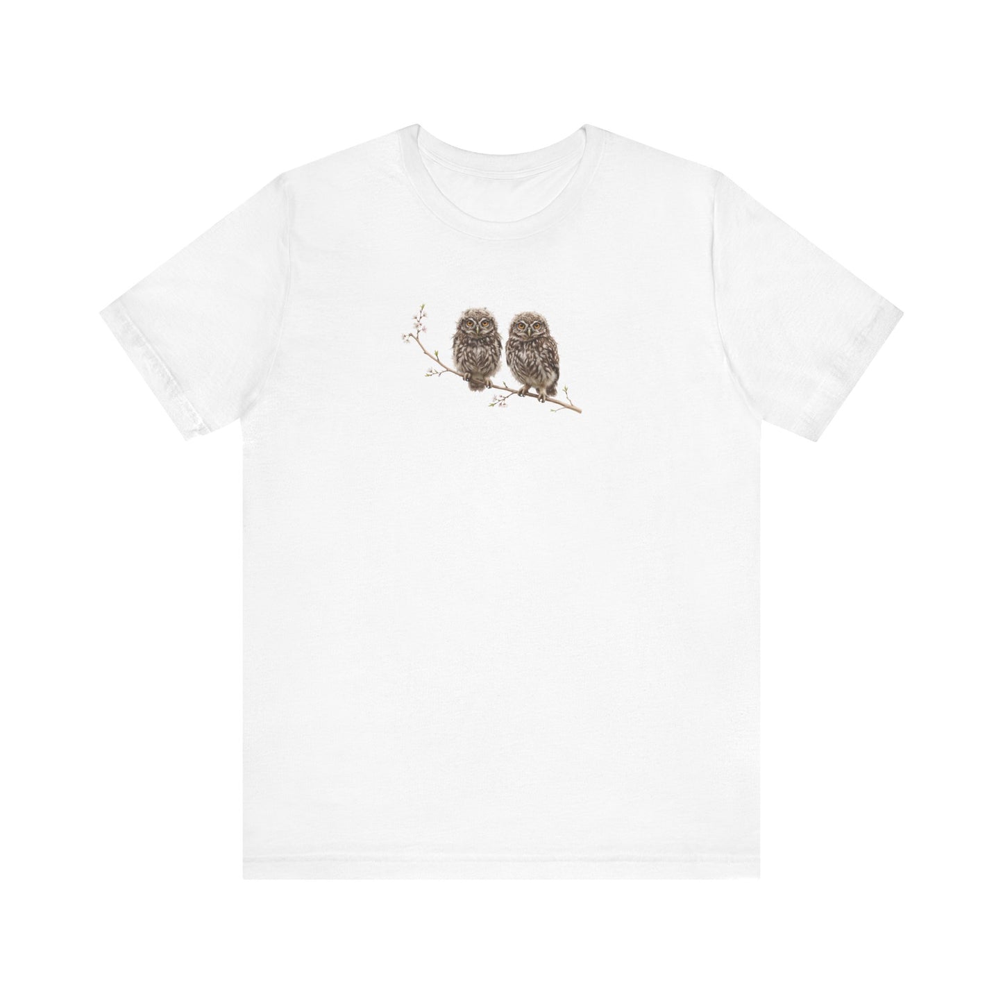Little Owl Fledgling T-Shirt | Spring Blossoms Unisex Graphic Tee for Bird Watchers