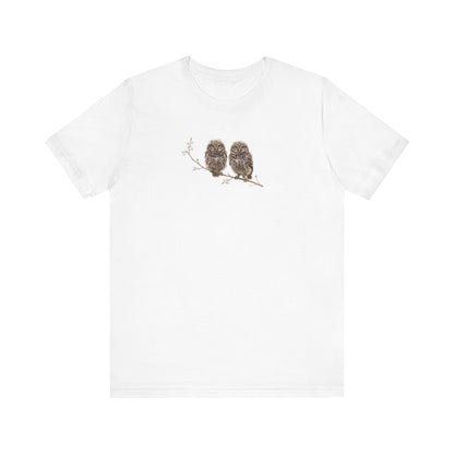 Little Owl Fledgling T-Shirt | Spring Blossoms Unisex Graphic Tee for Bird Watchers
