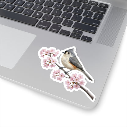 Tufted Titmouse Stickers – bird sticker and cherry blossoms style
