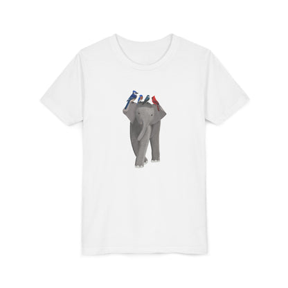 Elephant with Blue Jay Cardinal Bluebird Tree Swallow Bird Youth T-Shirt