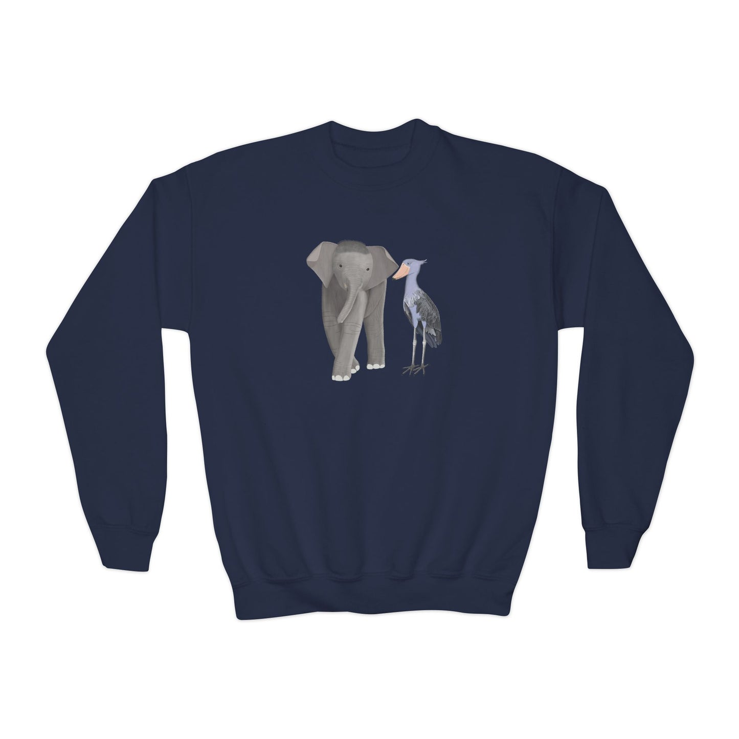 Elephant with Shoebill Bird Youth Crewneck Sweatshirt