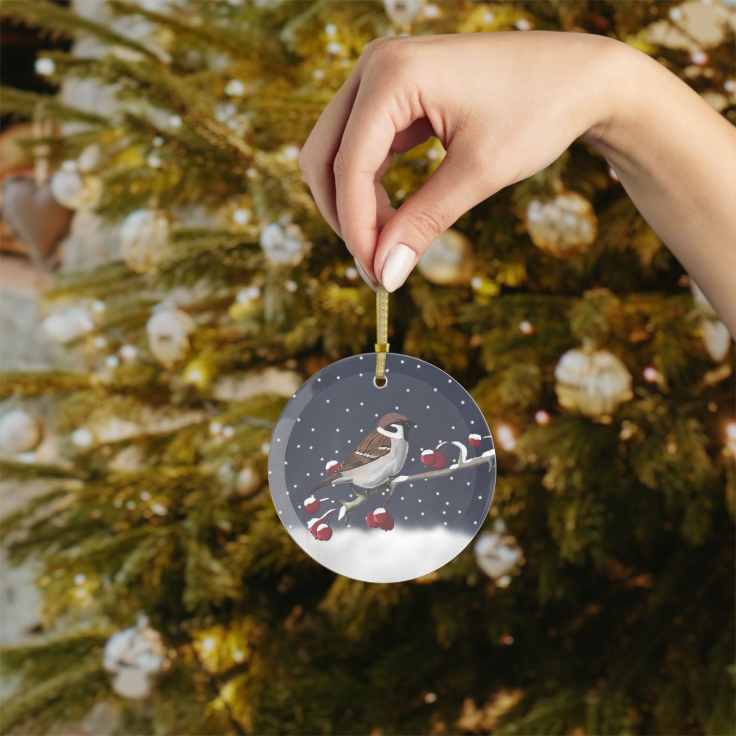 Tree Sparrow on a Winter Branch Christmas Bird Glass Ornament