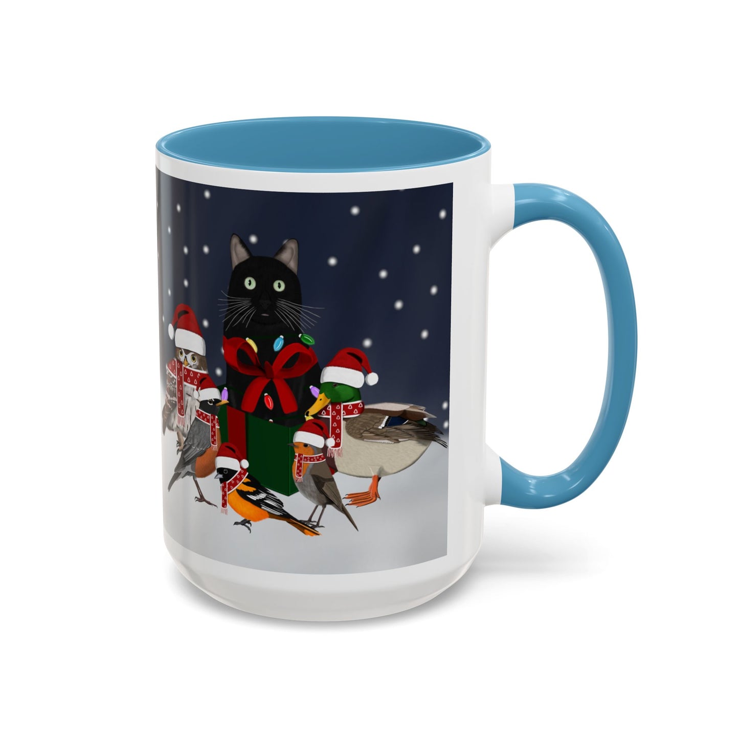 Robin Oriole Mallard Owl and Cat with Christmas Hat and Scarf Snow Bird Coffee Mug