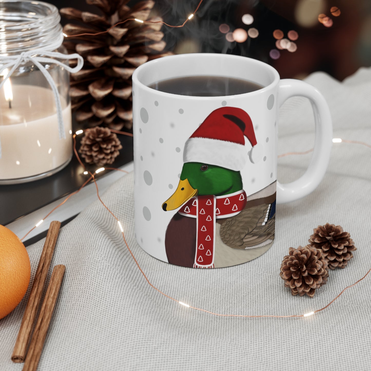 Mallard with Red Santa Hat and Scarf Christmas Bird Ceramic Mug 11oz