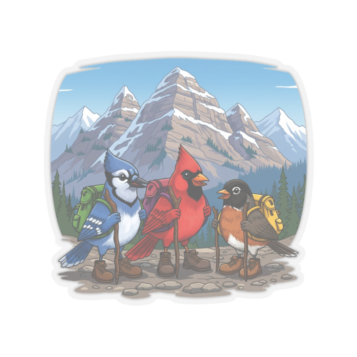 Blue Jay Cardinal Robin Hiking Kiss-Cut Sticker for Bird Watchers and Hiking Lovers