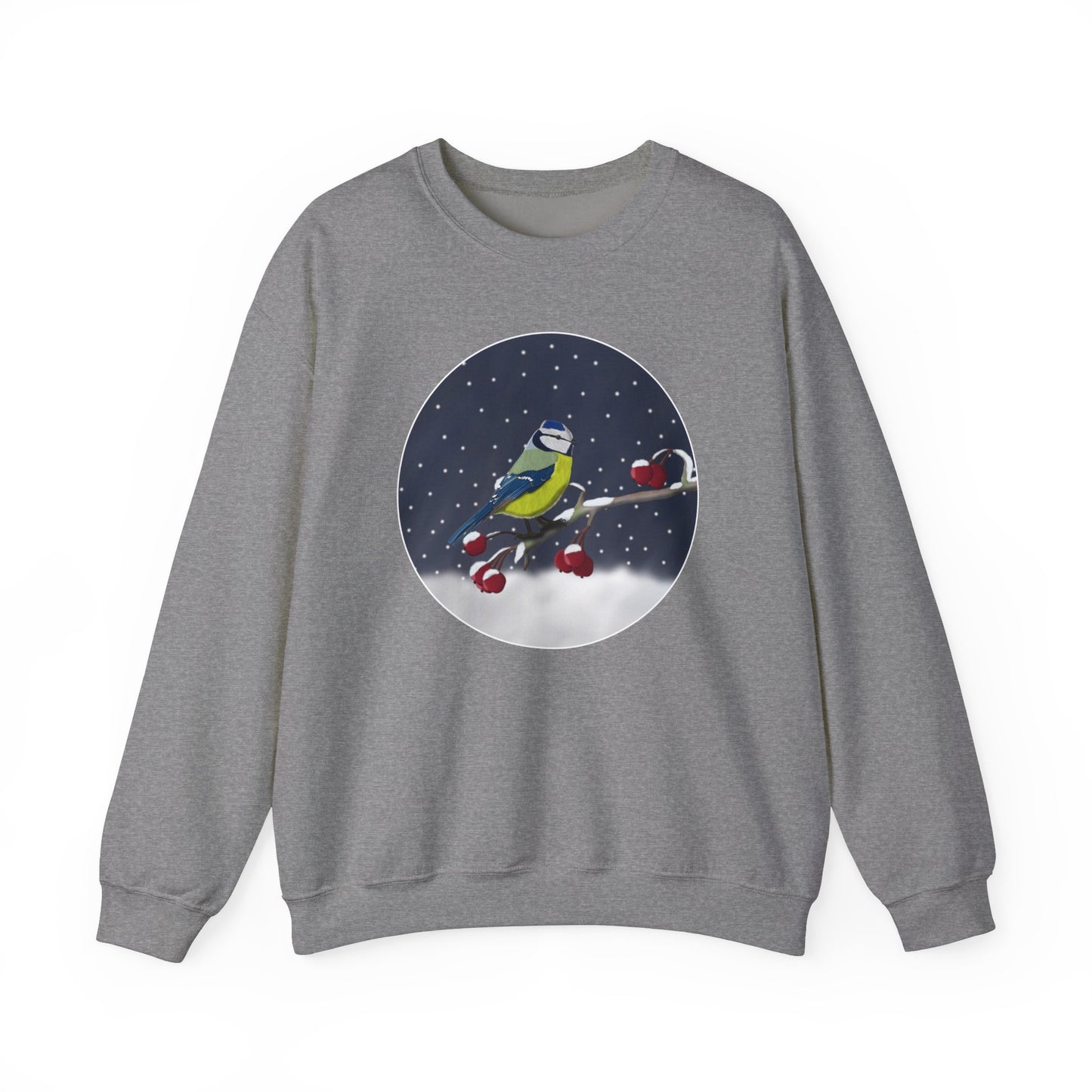 Blue Titmouse on a Winter Branch Birdwatcher Christmas Bird Sweatshirt