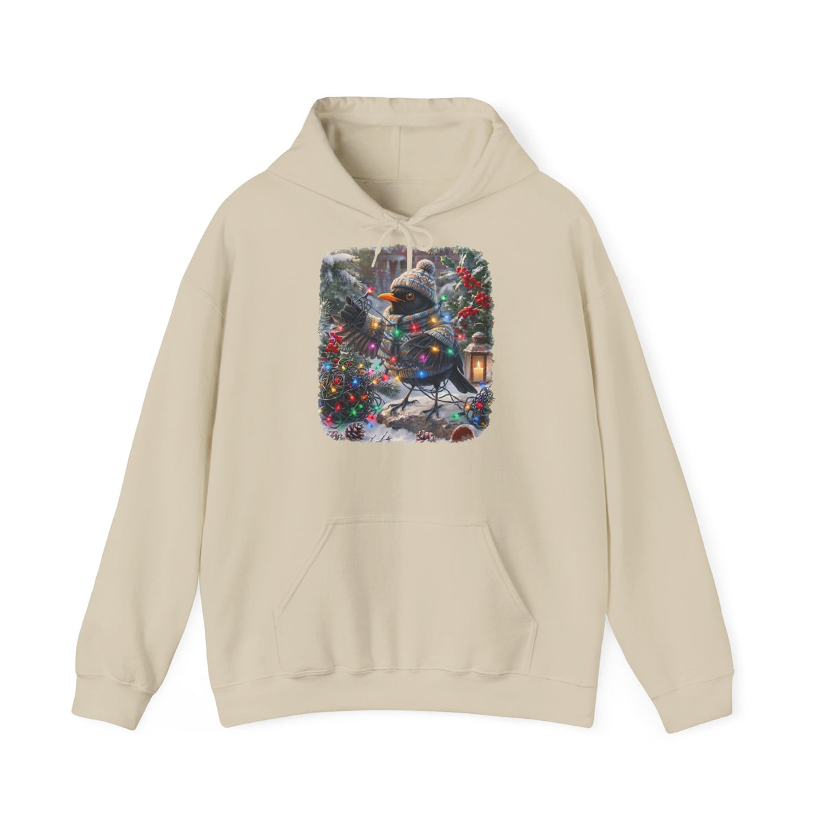 Premium Hoodie Amsel und die Lichterkette im winterlichen Garten für Vogelbeoachter