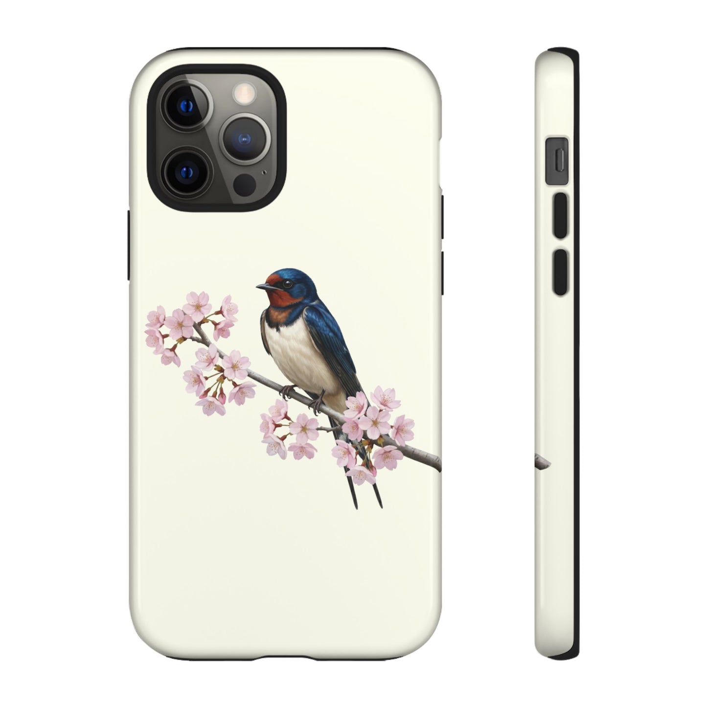 Schwalbe Handyhülle – Rauchschwalbe in Cremeweiß | Florales Kirschblüten Vogel-Motiv für iPhone & Google Pixel