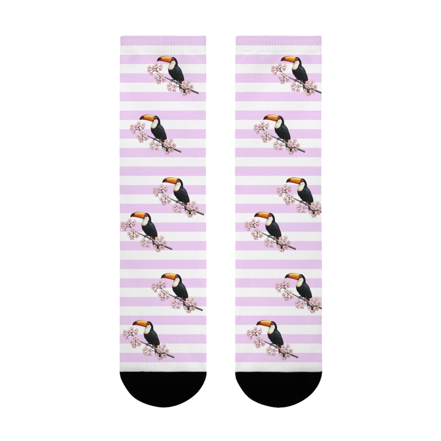 Tukan Socken mit Kirschblüten | Weiß Rosa gestreifte Vogelmotiv Strümpfe – Accessories,