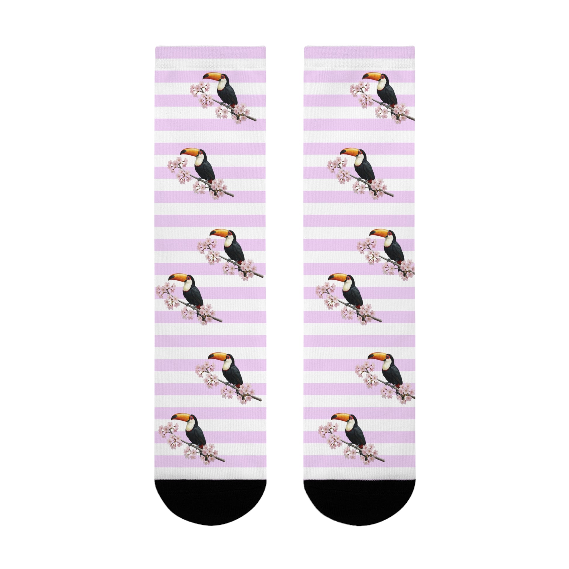 Tukan Socken mit Kirschblüten | Weiß Rosa gestreifte Vogelmotiv Strümpfe – Accessories,