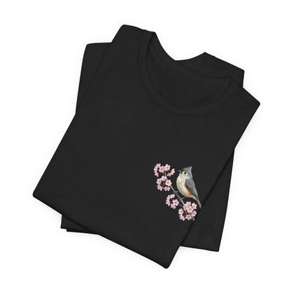 Tufted Titmouse Cherry Blossom T-Shirt | Floral Spring Tee for Bird Lovers
