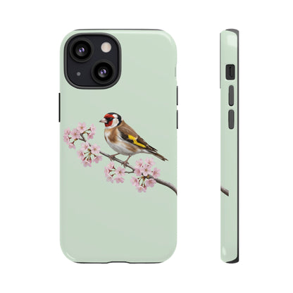 Stieglitz Handyhülle in Salbeigrün | Florales Kirschblüten Vogel-Motiv für iPhone & Google Pixel