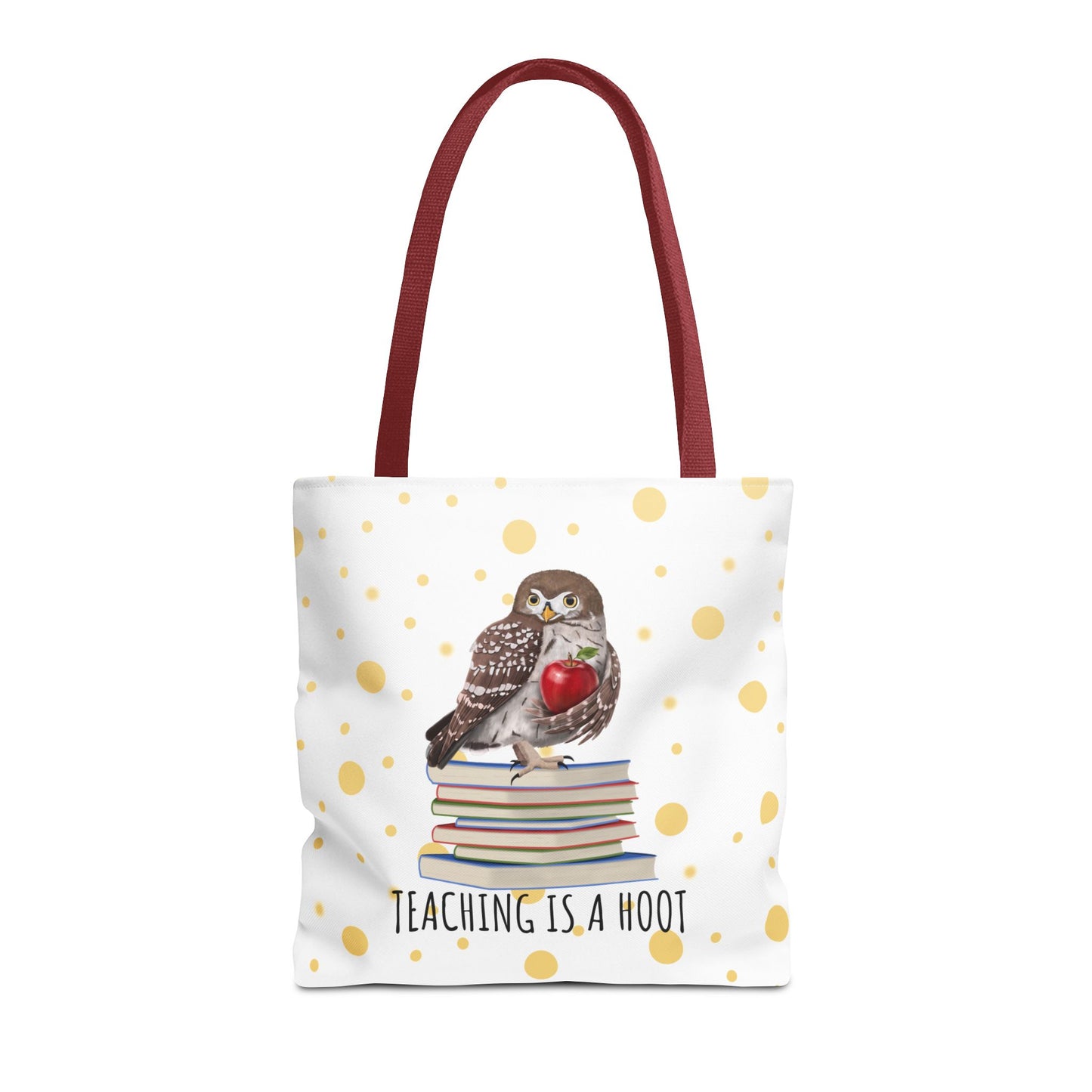 Cute Owl & Books Teacher Tote Bag – Teaching is a Hoot – Gold Polka Dot Aesthetic