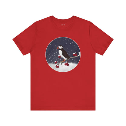 Puffin on a Winter Branch Birdwatcher Christmas Bird T-Shirt