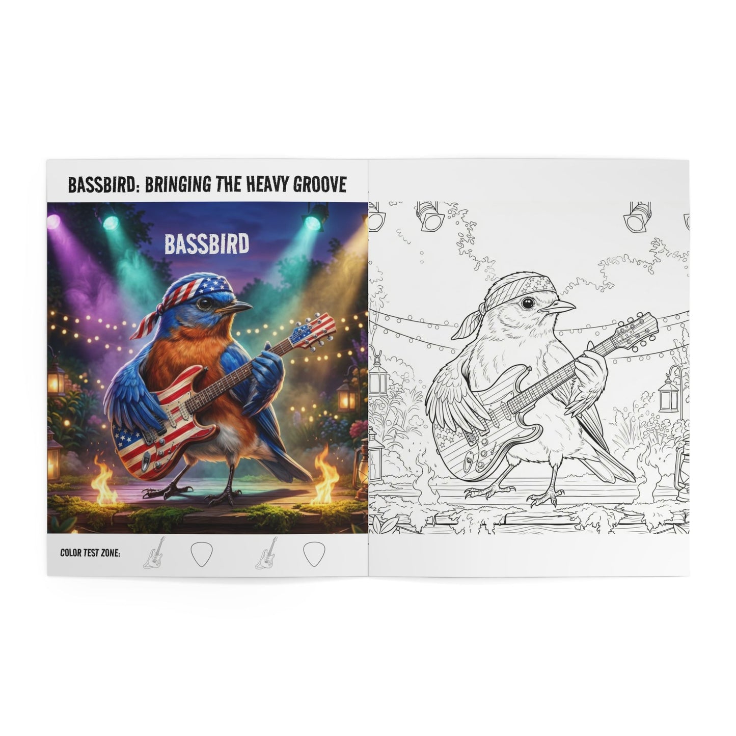 Open rock band coloring book showing a full-color reference guide on the left and the blank coloring page on the right.