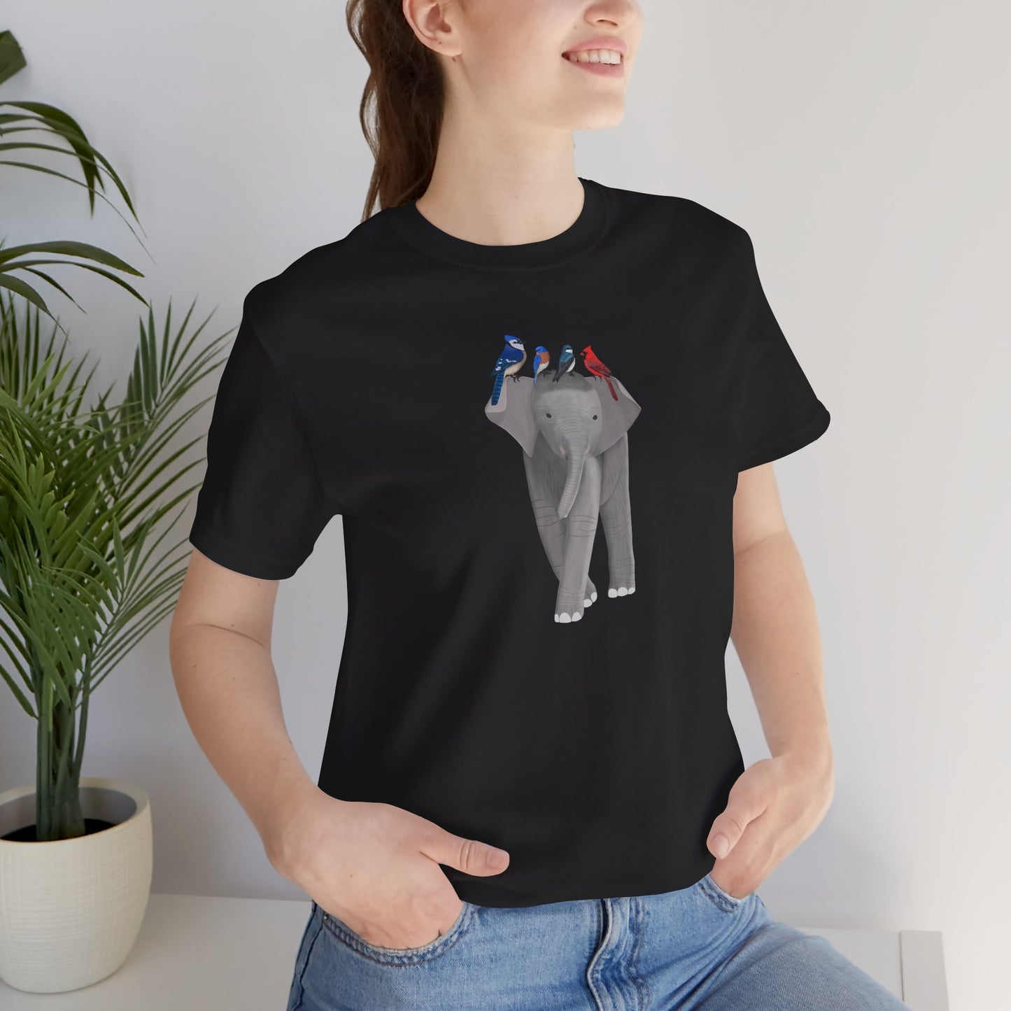 Elephant with Birds Cardinal Blue Jay Bluebird Tree Swallow T-Shirt