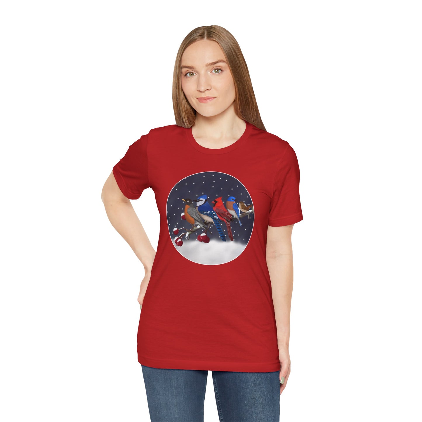 Blue Jay Robin Cardinal Bluebird Wren on a Winter Branch Birdwatcher Christmas Bird T-Shirt