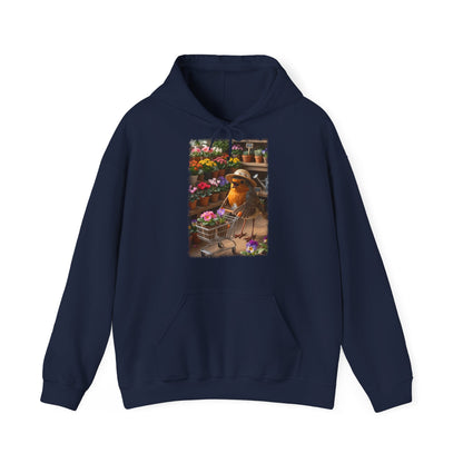 Lustiger Rotkehlchen Hoodie mit Blumen-Einkaufswagen | Süßer Vogel Kapuzenpullover für Pflanzenfans