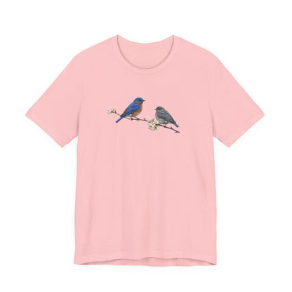 Eastern Bluebird & Fledgling T-Shirt | Spring Blossoms Unisex Graphic Tee