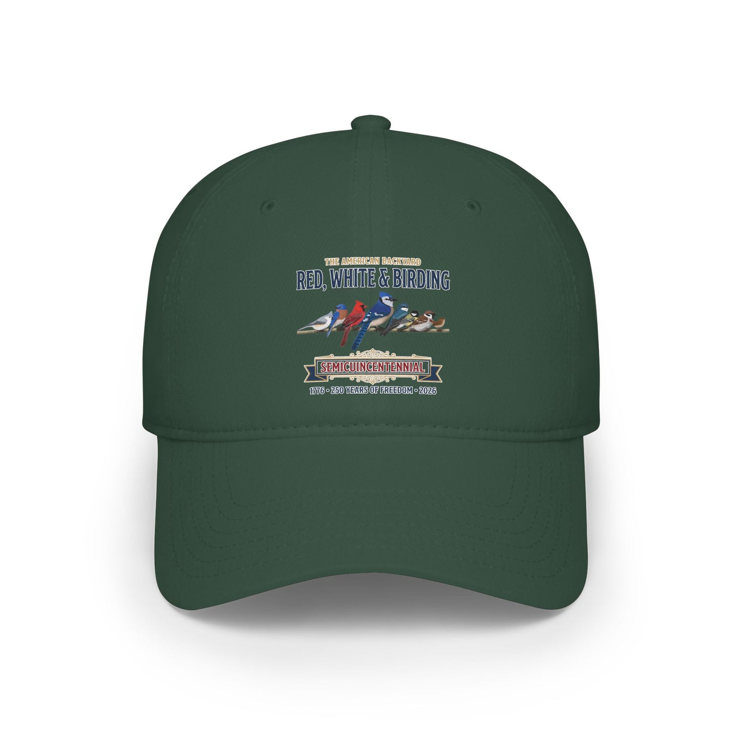 Red, White & Birding Branch Baseball Cap | Cardinal Blue Jay Bluebird 250th Anniversary Edition | jz.birds