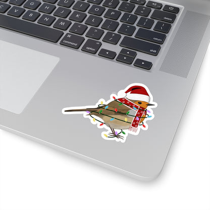 European Robin with Fairy Lights Santa Claus Hat and Scarf Christmas Bird Sticker