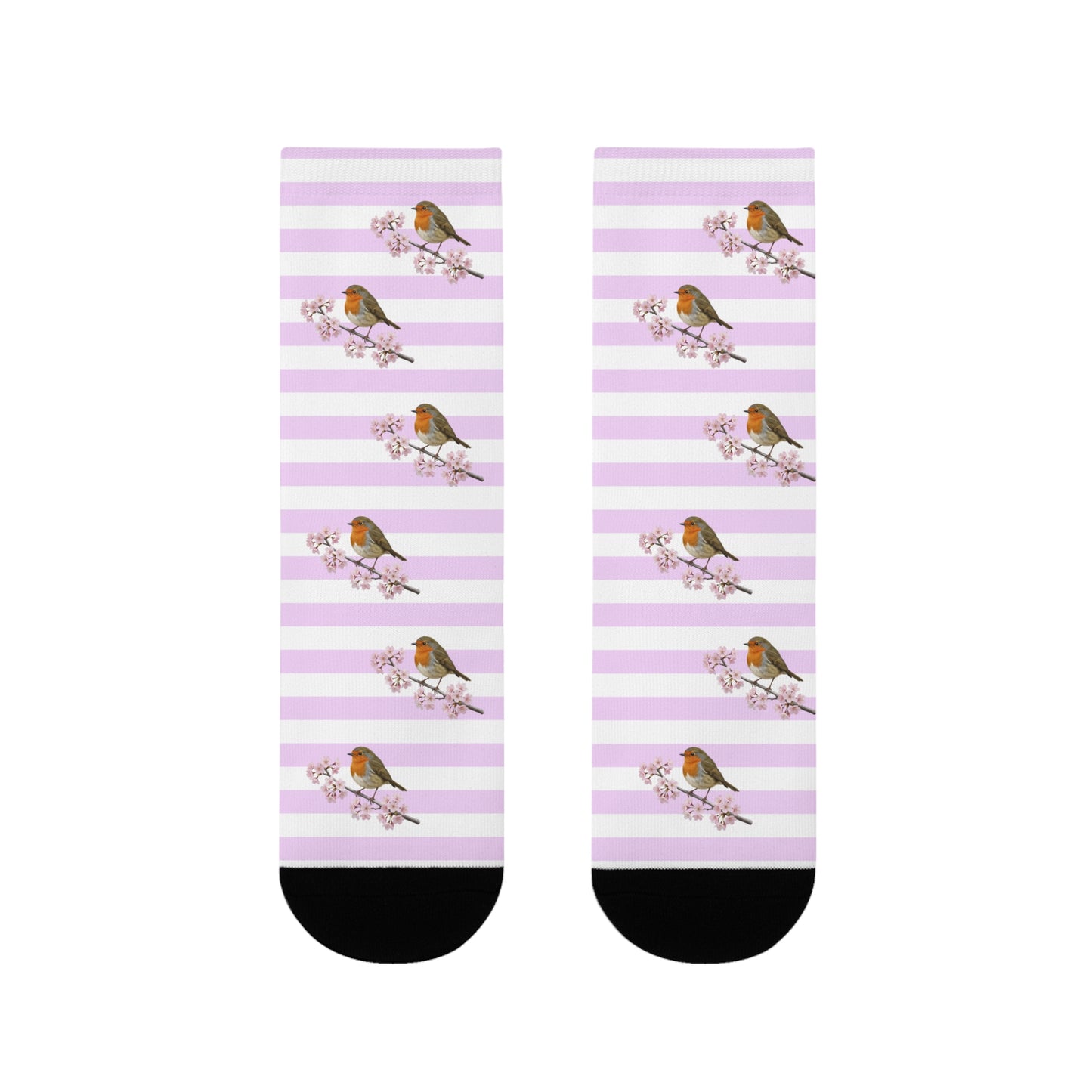 Chaussettes Rouge-Gorge avec fleurs de cerisier | Chaussettes rayées blanc et rose avec des motifs d'oiseaux