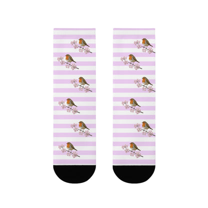 Chaussettes Rouge-Gorge avec fleurs de cerisier | Chaussettes rayées blanc et rose avec des motifs d'oiseaux
