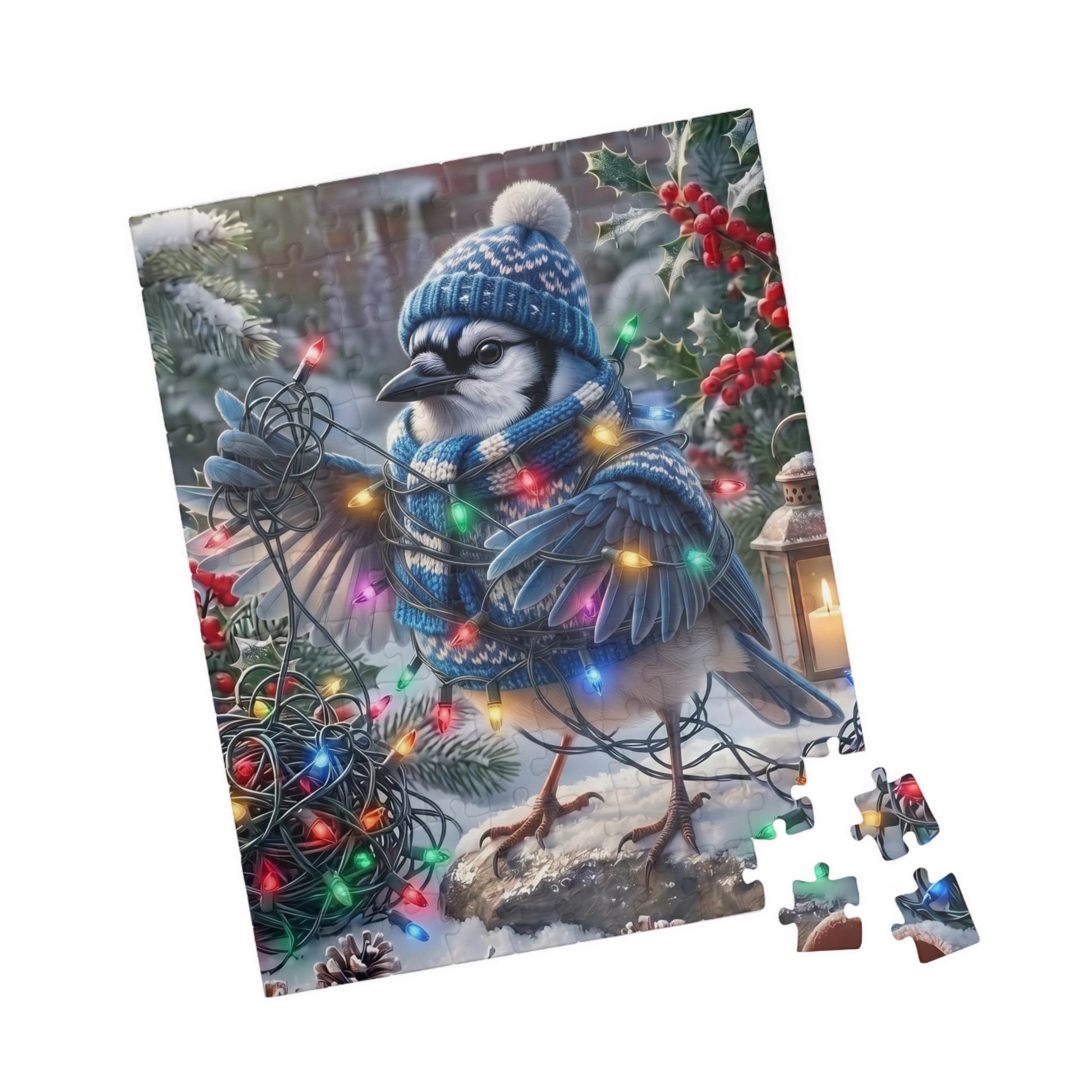 A completed jigsaw puzzle showing a winter blue jay bird illustration, displayed at an angle with several loose puzzle pieces beside it on a plain white background.